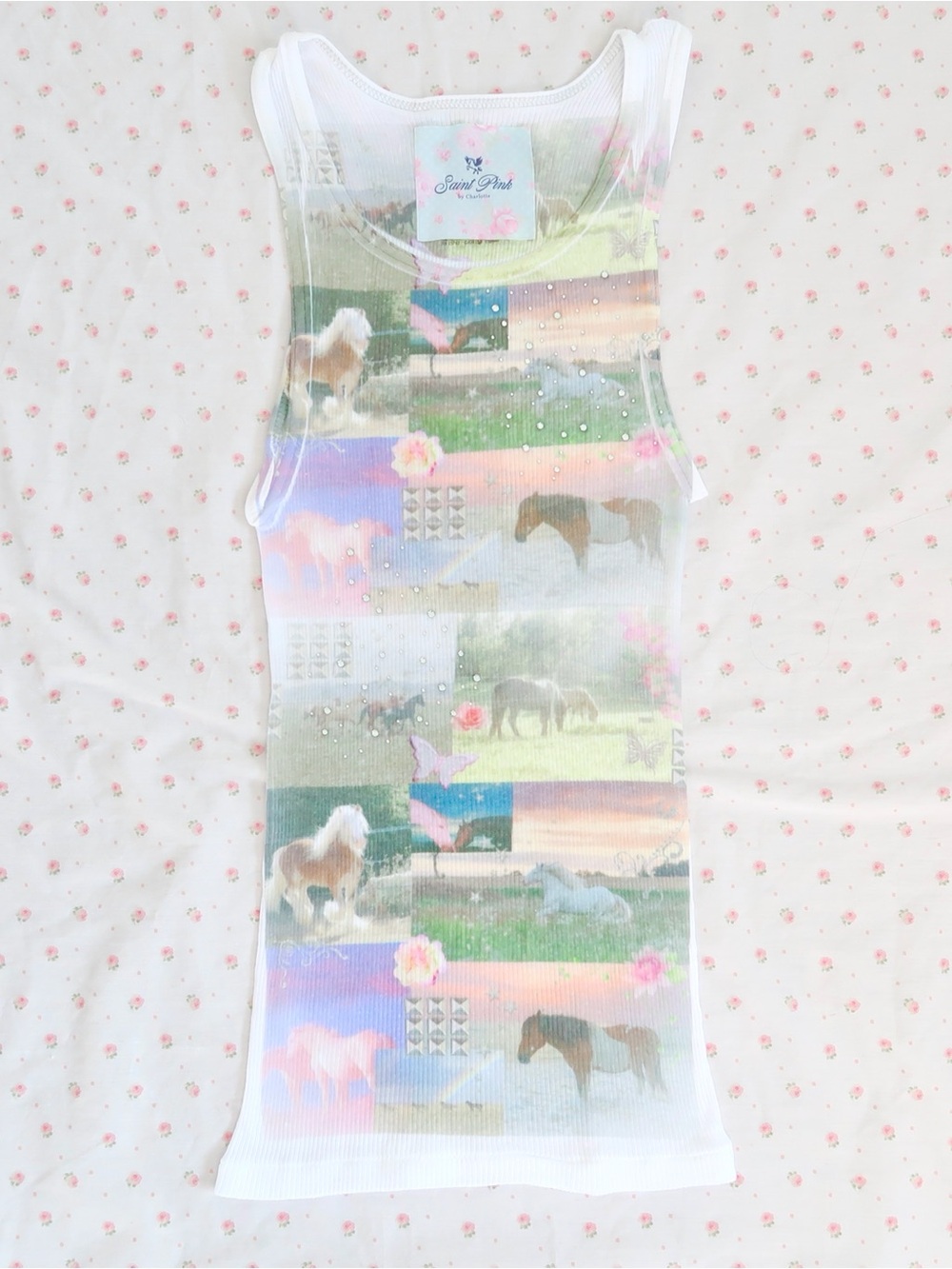 y2k dreamcore horse tank white ribbed graphic baby tee - Picture 2 of 8